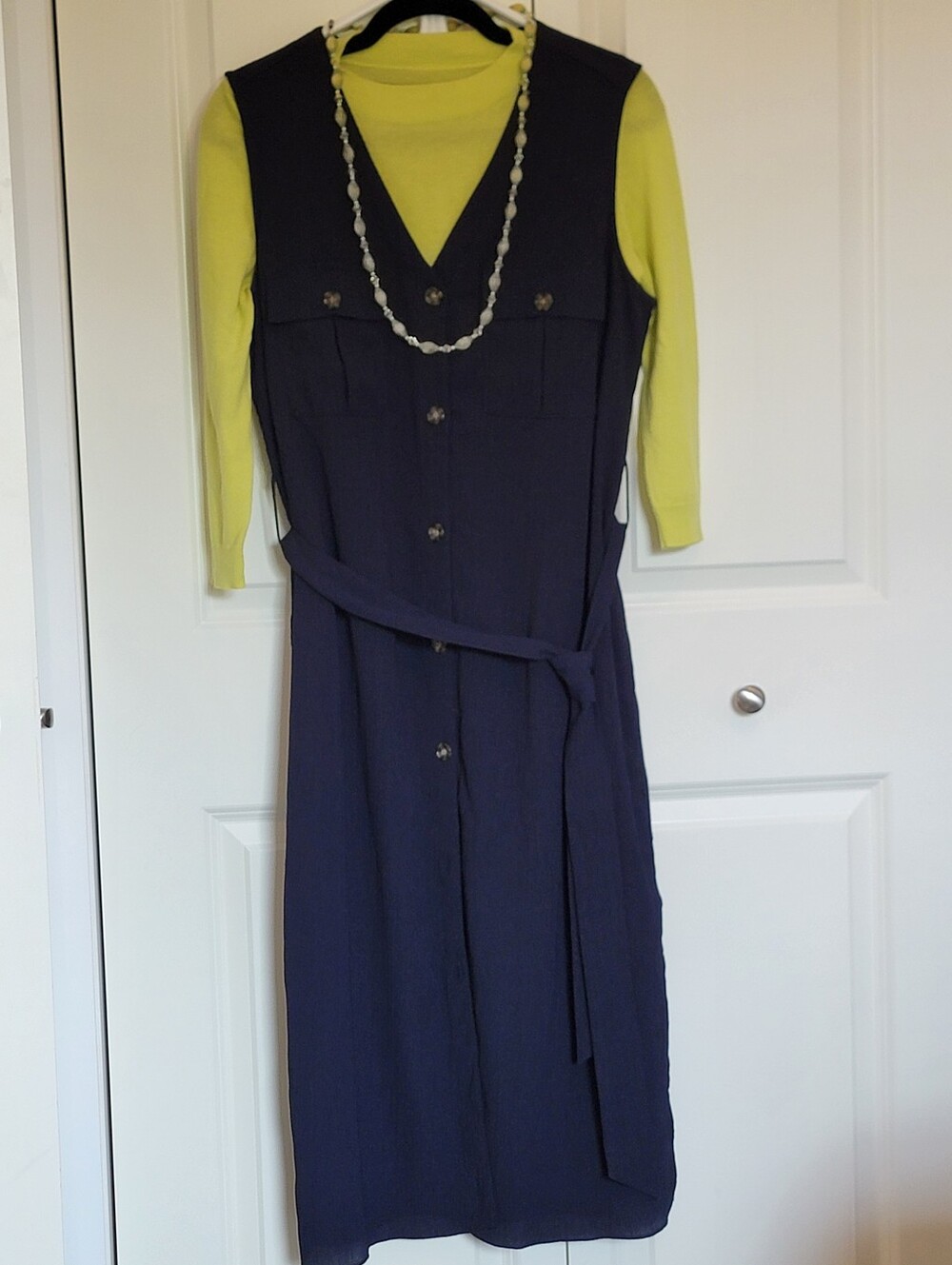 Sleeveless Navy Button-Front Shirt Dress with Tie Waist - Picture 4 of 10